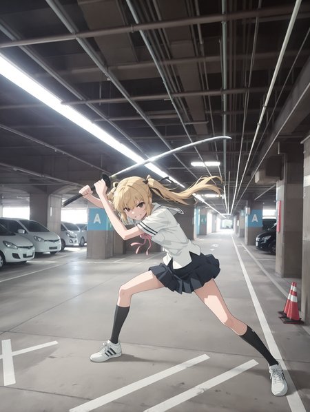 masterpiece,best quality,newest,
1girl,solo,
<lora:mpl_ilxl_v1.1:1>,m_p_l,car,ground vehicle,road sign,traffic cone,vanishing point,high ceiling,high ceiling,<lora:s_raimei_ilxl_v1.0:1>,s_raimei,blonde hair,hair bow,twintails,brown eyes,r_clothes,serafuku,ribbon tie,white shirt,black pleated skirt,black kneehighs,sneakers,r_katana,red scabbard,standing,open_stance,grin,smirk,holding scabbard,