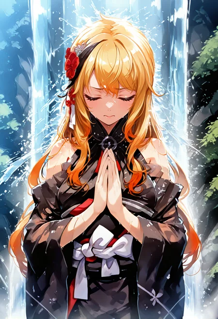 masterpiece,best quality, absurdres, anime style, CG,
cinematic lighting, natural shadow, highest detail, detailed background, intricate scenery, depth of field, insane details, intricate, subsurface scattering,
1girl, very aesthetic, from front, close up, upper body,
serene atmosphere, 
outdoors, waterfall,
standing, stand still, wet kimono, wet cloth, palms together, meditating, meditation, closed eyes, closed mouth,
finely detailed face, beautiful face,
<lora:InkWashpainting:1.5>,
<lora:kaelaIL:1.0> kaelaIL, kaelakimono, japanese clothes, black kimono, wide sleeves, hair flower, bare shoulders, long hair,
<lora:9_WaterfallShower:0.95> waterfall shower, under waterfall
