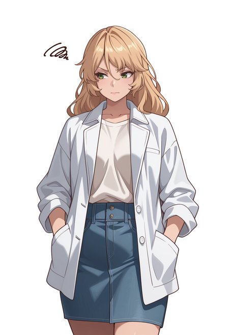 Smooth Quality,masterpiece,very intricate, high quality details, ultra realistic, high detailed skin,detailed enviorement,absurdres,
simple background, white background, 
front view,walking, one hand in pocket, looking aside, casual, confident,  ,frustrated,
 <lora:Blade_cnn:0.8>bladecnn,1girl,  blonde hair, green eyes, long hair, 
qipao top,  ,chef coat,  ,denim skirt,  ,