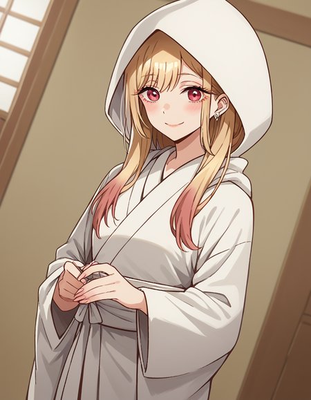 score_9, score_8_up, score_7_up, source_anime, marinkitagawa, <lora:marin-kitagawa-ponyxl-lora-nochekaiser:1>, marin kitagawa, long hair, bangs, blonde hair, red eyes, multicolored hair,, <lora:uchikake-ponyxl-lora-nochekaiser:1>, uchikake, wataboushi, shiromuku, white kimono, hooded kimono, bride, japanese clothes, hood,, indoors, wedding, smile, blush,, cowboy shot, dutch angle, looking at viewer,