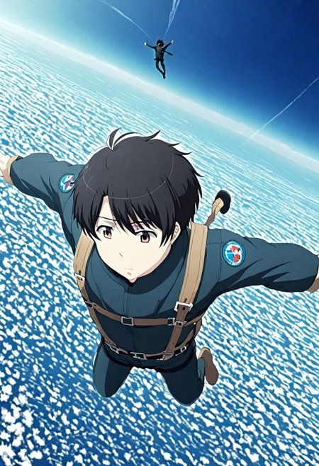 high resolution, solo, best quality, 1Boy, Inaho Kaizuka, Black Hair, free fall, sky , OverallDetail