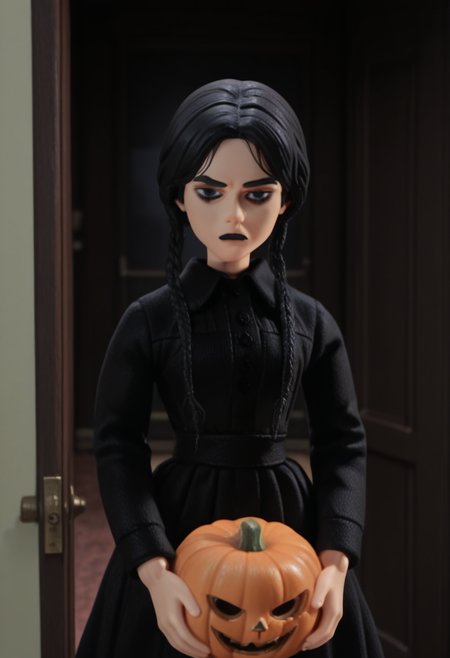 r0b0style, 3d figure,   masterpiece, best quality, solo,                        wednesday addams, black hair, black dress, unimpressed, holding a pumpkin, midnight, pov from viewer opening front door, 