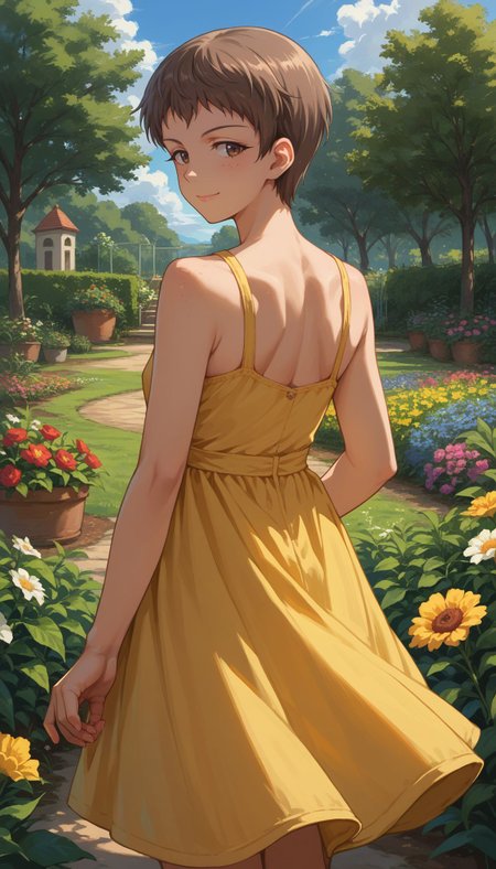score_9, score_8_up, score_7_up, source_anime, 
<lora:Naomi:1> 1girl, naomi (girls und panzer), brown hair, brown eyes, freckles, very short hair, smile, 
from behind, sundress, yellow sundress, garden, day, sunshine, smile, looking back, flower field