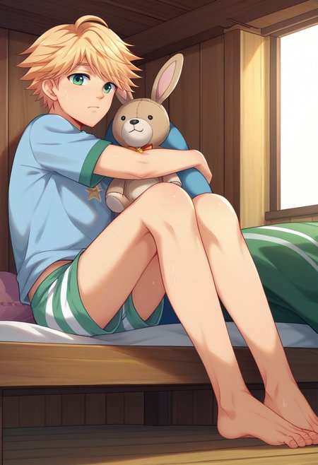 score_9, score_8_up, score_7_up, score_6_up, score_5_up, source_anime, masterpiece, newest, highly detailed, solo, 1boy, male focus, hunter springfield,blonde hair,green eyes, sweat, pijama, pajama, sleeping shorts, looking at viewer, straight on, indoors, summer camp, cabins, bunk beds, skinny, perfect face, closed mouth, cowboy shot, sitting, close-up, intricate detail, bunny plushie, hugging plush, 