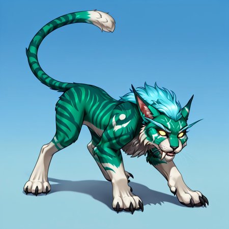 semi-realistic, feral druid cat form from world of warcraft,feline, feral druid, emerald fur with soft light blue gradient, striped fur, shiny stripes, shiny white eyes, darken emerald hair, solo, original character, four paws, one tail, one head, two saberteeth, anatomically correct feline body, perfect anatomy, perfect feline body, no background, ghost form of the feral druid, long elf ears, gradient fur colors, high-detailed cat, one pixel lining, battle stance, fierce look, looking at the viewer, mysterious lighting, soft colors, soft gradients, aesthetic, two long 40 cm staberteeth, fluffy fur, shining eyes, no sclera, shoulder druid markings, skull druid white markings, fluffy mane