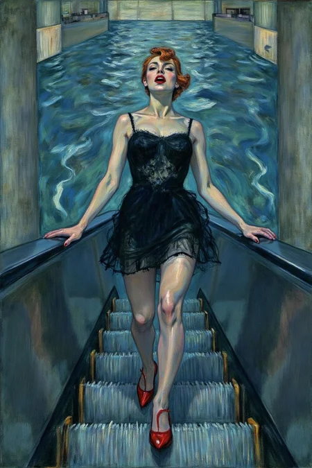 lautrec1 painting
 a woman in a chic little black dress and vibrant red high heels, gracefully descending an escalator. She wears black lipstick and is screaming. Her attire exudes elegance and sophistication, with the red heels providing a bold pop of color against the classic black dress. The escalator itself, typically found in a mall or airport, leads downwards into an unexpected and dreamlike destinationâ -- pool of rippling water. The water is blue and ripples as the escalator's steps disappear beneath the surface. The woman's posture is poised and confident, as she seems unperturbed by the unusual surroundings. The overall atmosphere is a blend of high fashion and surreal fantasy, capturing a moment that is both elegant and otherworldly, <lora:lautrec4_nocap_d6a3:1.0><lora:813633553955968467:0>