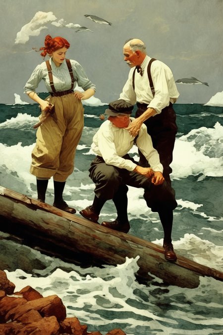 <lora:Winslow Homer Style:1>Winslow Homer Style - an artistic sea scene in Winslow Homer and Norman Rockwell style