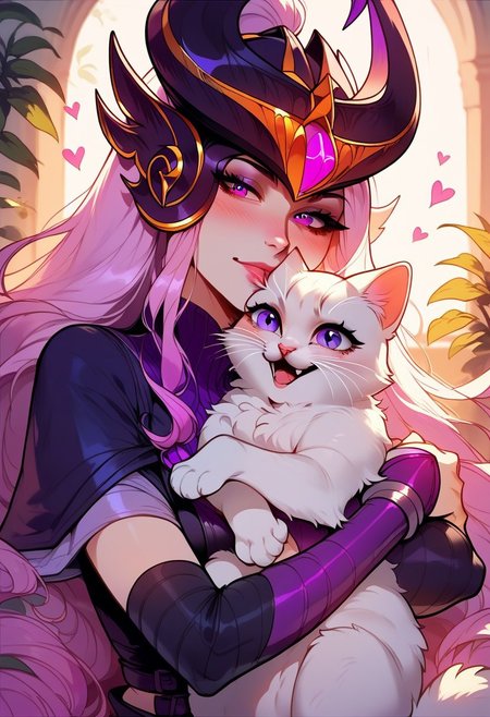 score_9, score_8_up, score_7_up, score_6_up,  <lora:p3tl0v3XLP:1> p3tl0v3, 1girl, Syndra, hugging a white cat, little kitten, purple eyes
