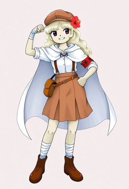watercolor, aesthetic, colorful, jaggy lines, zun \(style\), BREAK, 1girl, solo, (short, broad shoulders, (purple_eyes:1.2), light blonde hair, long hair, bangs, newsboy cap, (Spider hibiscus, flower in hair), (red_armband:1.2), white button up shirt, tucked, rolled sleeves, skirt, white cloak, hood, hood down, white leg wraps, leg wraps, hand wraps, brown suspenders, brown satchel, brown footwear, brown headwear, brown skirt), full body, smiling, grin, confident, flexing arm, one arm up, one arm on hip, standing, simple background