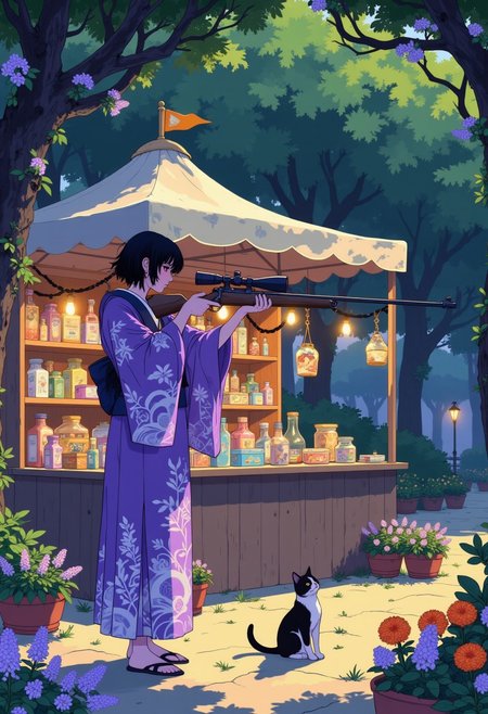 A serene street scene featuring a young woman standing at fairgrounds surrounded by lush greenery and vibrant orange flowers. 
shooting range with prizes, fairgrounds, plush toy tent, holding a rifle gun, holiday, shooting range at fairgrounds.
in the style of cksc, i11ustmin Illustration.
The woman is dressed in a flowing purple kimono adorned with white floral patterns and black ornament. Her short black hair are messy, with a few strands framing her face. She aims with a rifle gun. Her posture is relaxed, and her expression is calm, blending harmoniously with the peaceful atmosphere. The shooting range tent is fully stocked with a variety of prizes, and its surface reflects the dappled sunlight filtering through the surrounding foliage. Beside her stands a cat, looking off to the side with an alert expression. Scattered around the fairgrounds are small potted plants filled with lilac and light blue night flowers, adding a splash of color to the scene. 
The background is a canopy of dense greenery intertwined with light purple blossoms, framing the tent and adding depth to the composition. The lighting is soft and natural, suggesting a late night.