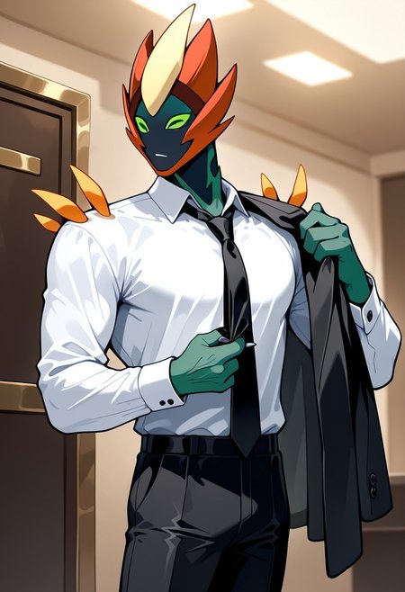 masterpiece, best quality, amazing quality, very aesthetic, absurdres, newest, 
swampfire, colored skin, spikes, colored sclera, 1boy, green skin, green eyes,  no humans, pokemon (creature), shoulder spikes,
 green hands, fixing cuff, thirst trap, looking to side, tuxedo suit, tuxedo shirt, loose tie , black tie, white shirt, holding coat in hands, black pants,