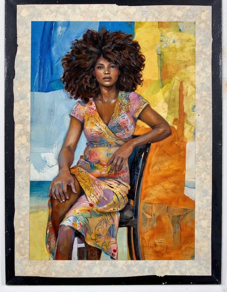 Art by Eli Minaya. A painting of a seated figure, created with a blend of vibrant colors and textures, depicting a woman with an afro hairstyle, sitting on a chair in the middle of the image. the woman, who appears to be in her early twenties, has a slender physique and is wearing a colorful, intricate dress with a floral pattern. her hair is styled in a voluminous, curly manner, and she is facing the viewer with a neutral expression. the background is a mix of blue, yellow, and orange hues, with abstract shapes and lines that create a sense of depth and texture. the painting is framed in a simple, rectangular shape, and the woman is positioned in the center of the frame, with her full body visible. the style is reminiscent of modern art, with a focus on texture and depth, making the image visually striking and captivating.