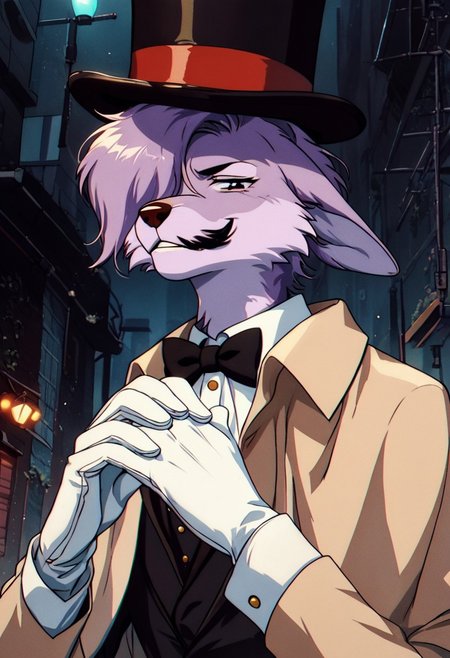 solo, 1boy, (fluffy: 0.75), source_furry, source_anime, skinny (anthro wolf), (long snout), (thin black pencil mustache on side of snout: 1.15), (dark red nose: 1.05), (large nose), (long ears), (light purple fur), (light purple skin), (beige colored top hat with dark band: 1.2), (top hat), (beige cape), (long sleeved light grey suit), (suit jacket), (red bowtie), (thick glass monocle over right eye: 1.2), (round eyewear over right eye), (short white gloves: 1.25), looking at viewer, looking down, (hands clasped together), (evil hands), (smug facial expression), (devious grin), Victorian London, alleyway, (low angle), (portrait), (side view: 0.7), (upper body), (knva), (retro artstyle), (halftone effect), score_9, score_8_up, score_7_up, score_6_up, score_5_up, score_4_up