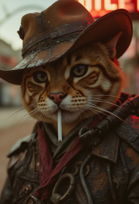 pastyle, A fierce yet fluffy anthropomorphic cat, dressed in a high-collared leather jacket,. The cat has sharp, determined eyes, and its soft, fluffy fur contrasts with the rugged, battle-worn leather jacket. The reflects a sharp glint of light as it cuts through the air, giving a sense of action and intensity. The otter’s expression is focused, embodying the skilled precision of a headhunter. The background is a dynamic, blurred scene of an urban environment, enhancing the sense of motion and danger. Sweat and blood streak down his fluffy cheek, catching in the flickering glow of a roadside motel sign. The anthropomorphic Cat outlaw’s face is framed in the amber light of a buzzing neon tube, his fluffy jaw clenched, a cigarette hanging loose between his lips, barely burning. His amber Cat eyes—calculating, exhausted—glint under the tilted brim of a battered cowboy hat, its edges frayed from a lifetime of running. One paw, wrapped in dusty bandages, wipes his chin as he exhales slowly, smoke curling into the humid air. In the blurred background, sirens wail, their red reflections slicing through the night, but he doesn’t flinch. Not tonight.
