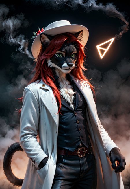 score_9, score_8_up, score_7_up, score_6_up, photorealistic, epiCPhotoGasm-colorfulPhoto, Realistic, highres, super high resolution, 8k, photo, furry, Furry, anthro, fur, realistic, male, male, male, detailed, tail, detailed fur, Realistic, highres, super high resolution, 8k, photo, furry, anthro, fur, cat, thin body, black, black fur (detailed fur), detailed fur, fluffy, bright green eyes, body, long hair, red hair, beautiful legs, black nose, gray fur around the nose, gray fur around the eyes, red hair, (((triangle of fur on the forehead))), (((gray eyebrows) )), black body, black ears, cat tail, black smooth tail with gray stripes, grey body, grey fur, thin body, stands, black fur, black, red hair, long hair, red hair, furry, anthro, anthro, furry, anthro, anthro, male, male , white coat, noire, black backgroung,  smoke, black background, black smoke, night, fog, dark fog, black fog , white hat, grey face, male