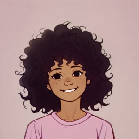 score_9, score_8_up, score_7_up BREAK SScrgl, 1girl, brown skin, curly black hair, black eyes, long-sleeved soft pink shirt, face view, face closeup, smiling, sketch scribbled lines background,