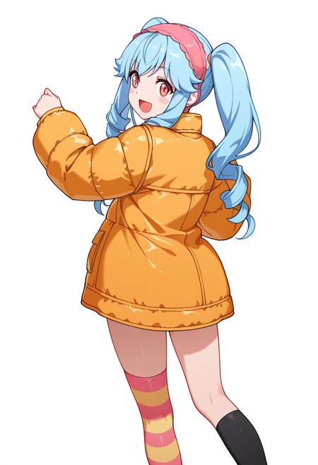 masterpiece,high quality details, absurdres, 
one arm raised vertically, opposite leg extended laterally, standing balance  ,
 <lora:Michiru_Kusagakure:0.8>
michiru_cnr, 1girl, blue hair, long hair, twintails, drill hair, sidelocks, orange eyes, blush stickers,hairband,, :d,, simple background, white background, from behind,solo,, puffer jacket  ,leather jacket  ,striped thighhighs,  ,mismatched legwear kneehighs,