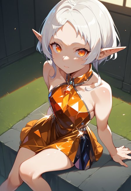 score_9, score_8_up, score_7_up, score_6_up, source anime,
eihplyspnxl, sylphiette \(mushoku tensei\), pointy ears, elf, short hair, sidelocks, orange eyes,
crystalline dress, bare shoulders, looking at viewer, from above, hip vent, wariza, sitting,
volumetric lighting, low key, high contrast, dark room, furniture, indoors, vivid color,
masterpeice, best quality, very aesthetic, absurdres
<lora:sylphiette:0.6>
 <lora:crystalline_dress-PD-1.0:1>