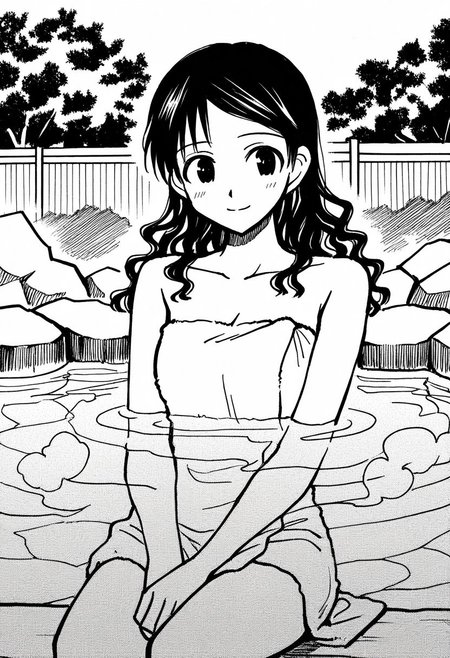 1girl, Yuukimanga, monochrome, black hair, steam,long hair, wavy hair, sitting , onsen, partially submerged, smile, outdoors, bare shoulders, towel