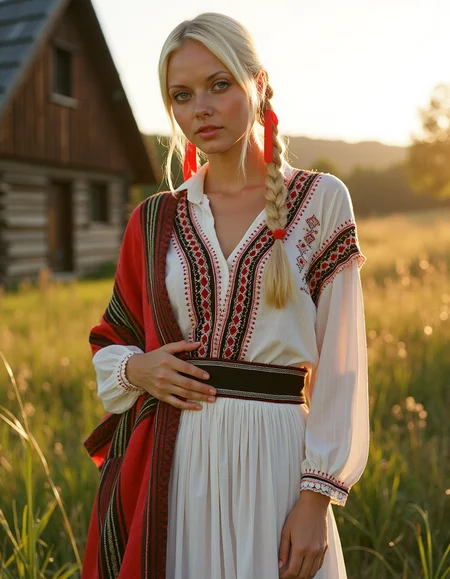 analog photography, shot by Kodak Duaflex II, ultra detailed, ultra quality, cinematic,  a mesmerizing woman with platinum blond hair woven into an elegant braid, adorned with bright red ribbons, standing in a lush meadow. She wears a traditional Romanian blouse (ie) with intricate black and red embroidery, symbolizing fertility and protection. Her flowing white skirt features delicate floral lace along the hem, and a wide, beaded belt accentuates her waist. Over her shoulders, she drapes a vibrantly woven wool shawl with geometric patterns. Her gaze is soft and mysterious, her Slavic cheekbones illuminated by the golden sunset as she stands near a quaint wooden village.  <lora:Janacovaxhres-grm80vx:1> jancov