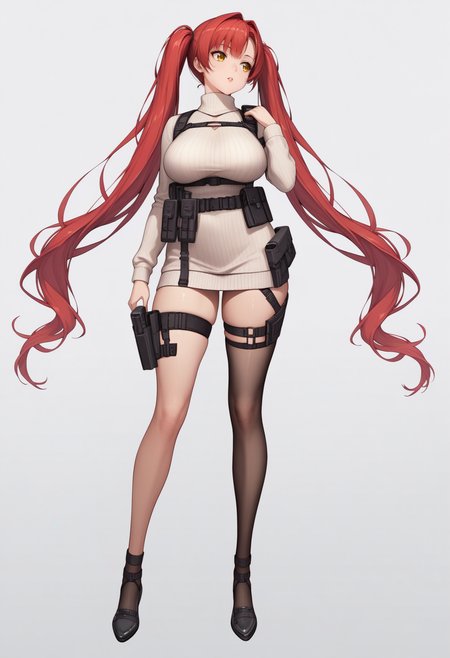score_9, score_8_up, score_7_up, source_anime BREAK 1girl, solo, simple background, white background,
<lora:nikke-style-poses-richy-v1_pdxl:1> nikkestanding, full body, standing, parted lips, red hair, twintails, very long hair, yellow eyes, large breasts, turtleneck sweater, white sweater, sweater dress, black, thighhighs, tactical clothes, thigh strap, thigh holster, shoulder holster, shoulder strap, chest strap, harness
