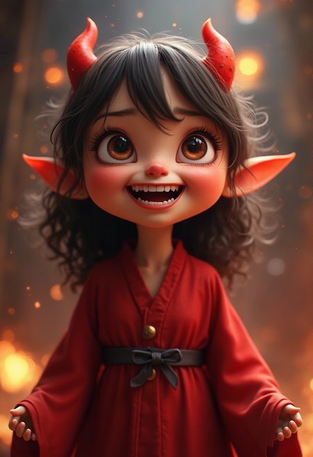 cinematic film still A cute female Satan,devil, laughing manically,  depicted in a whimsical realistic style, features adorable oversized eyes filled with mischief and charm. Their rosy cheeks dimple as they flash a mischievous grin, contrasting with their devilish horns and tail. Clad in red-colored robes adorned with cute little flames, they exude an aura of playful innocence despite their infernal nature. The scene is bathed in soft pastel hues reminiscent of a dreamy magical world where even the Prince of Darkness can be irresistibly cute.<lora:ImageUpgraderV2:0.5> detailmaximizer, highly detailed hellish background . shallow depth of field, vignette, highly detailed, high budget, bokeh, cinemascope, moody, epic, gorgeous, film grain, grainy
