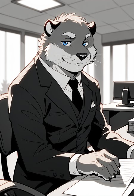 score_9, score_8_up, score_7_up, high quality, hires, by fruitz, furry, male, otter, detective outfit, blue eyes, sitting, seductive, monochrome, office, inside, detailed background, <lora:Fruitz_style:1.2>