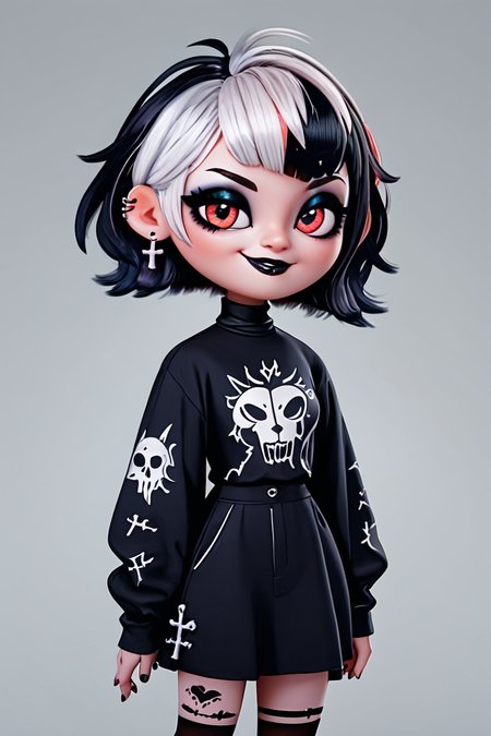 score_9, score_8_up, score_8, medium breasts, (curvy), cute, eyelashes,       BREAK, ,   ,,, <lora:GothMavis_PDXL:0.8>, zzGothMavis, black hair, white hair, makeup, short hair, black lips, multicolored hair, two-tone hair, ear piercing, eyeshadow, gothic, shirt, lipstick, tattoo, turtleneck, cross ,,, , BREAK, socks, big shoes, ,,, smile, looking at viewer, cowboy shot, ,,, embedding:zPDXL, Expressiveh, ,,, <lora:CuteToonPDXL:1.0>, <lora:SDXLFaeTastic2400:0.5>, <lora:Expressive_H-000001:0.4>,