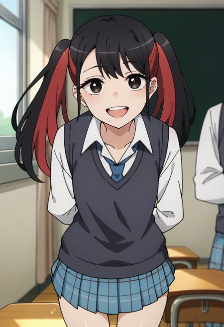 score_9, score_8_up, score_7_up, source_anime,
<lora:SonoBisqueDoll_NowaSugayaXL:0.8>, NowaSugaya,
1girl, open mouth, smile, teeth,
black hair, streaked hair, red hair, twintails, long hair, black eyes, 
NowaSchool, school uniform, white shirt, blue necktie, sweater vest, grey vest, blue skirt, plaid skirt,
standing, looking at viewer, thigh gap, arms behind back,
indoors, classroom, blurry background