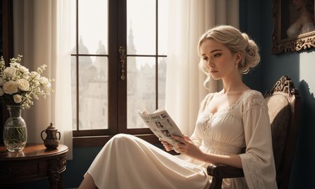 white hair, looking away, (style of Paolo Roversi) Renaissance young adult woman, pale skin, flowing diaphanous gown, seated by a window, period-appropriate artifacts, (soft face light:1.5), intricate details, thoughtful expression, soft lighting, rich textures, detailed embroidery, elegant and timeless, muted color palette, vintage and nostalgic, rule of thirds composition, soft shadows, dreamy atmosphere, smokey eye makeup, (porcelain skin, fair skin, staring ahead, blank expression:1.3), modesty panel, lace choker, bow-shaped lips, fill lighting,  Bella_Jockitch, reading newspaper