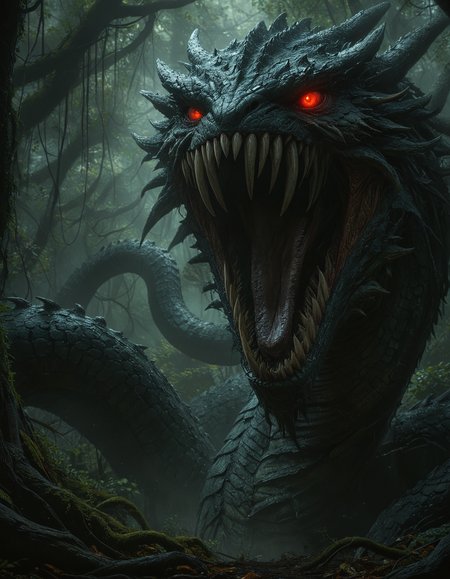 realistic, cinematic, terrifying colossal serpent with draconic features, including a fierce snarling head with sharp teeth and glowing red eyes, the serpent should have a scales that reflect a dark ominous sheen, its long winding body should be partially coiled with sections disappearing into the dense shadowy forest, The forest should be thick with twisted ancient trees and creeping vines, dark and foreboding atmosphere, light filters through the canopy, eerie ambiance, The background should be filled with mist and shadows, danger and mystery, <lora:MJ52:0.5>, <lora:zavy-cntrst-sdxl:0.7>, <lora:add-detail-xl:1>