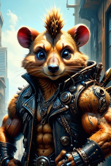 ultra-fine digital painting of a madpunk muscular  <lora:anthro_muscular:0.7> anthro Quokka (Looking over the shoulder, intriguing glance) at AI therapist counseling inhabitants emotionally,  super detail, ultra-realism, <lora:xl_more_art-full_v1:0.3>,  <lora:madpunk:1> , <lora:HorrorAI:0.7> CosmicHorrorAI