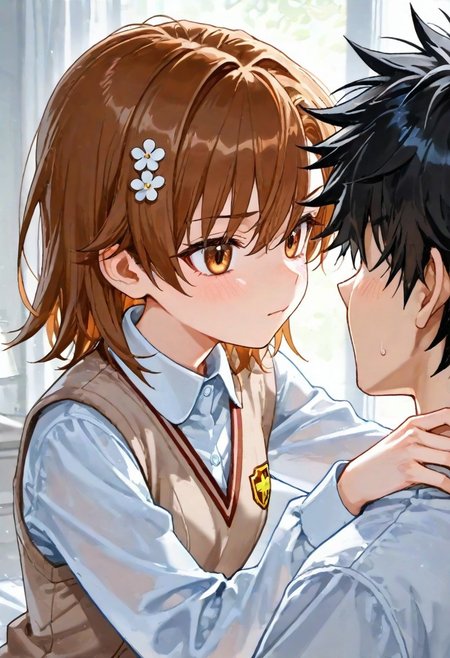 masterpiece, best quality, newest, absurdres, highres, safe,, (artist:ningen_mame:0.9),(artist:sho_(sho_lwlw):0.9),(artist:fkey:0.7),(ciloranko:0.5), 
,1boy, 1girl, kamijou touma, misaka mikoto,
,,A World Morph in which everything is made of iron.,iron