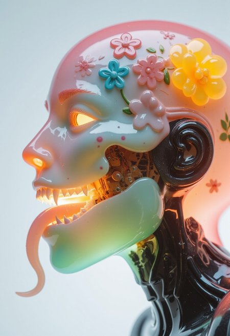 An extreme macro close-up of a translucent robotic head inspired by the delicate beauty of Asian ceramics, with intricate floral and Yakuza-style designs. The head has a porcelain-like translucence, with soft pastel hues of pink, blue, yellow, and green glowing faintly from within, enhanced by subtle subsurface scattering (SSS). Its smooth, ceramic-like surface is etched with detailed patterns of cherry blossoms and koi fish, evoking the elegance of traditional Asian pottery. Beneath the translucent shell, flower-like mechanical components and wired circuits appear as if suspended in glass. The sharp, crystalline teeth shimmer like finely polished jade, while its serpentine tongue, also ceramic in texture, gleams with a lifelike sheen. A soft, diffused backlight enhances the translucence and highlights the glowing floral elements, giving the head an ethereal, dreamlike aura. The shallow depth of field emphasizes the intricate details of the ceramic-inspired design, while a faint cinematic film grain adds a timeless, artistic quality to the surreal beauty of this robotic masterpiece.