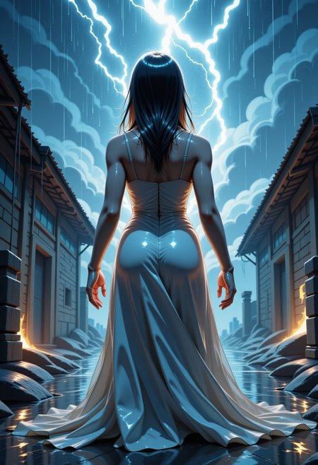 Jeddtlv3,  A woman standing in a storm, her soaked dress whipping around her as she clenches her fists. Raindrops streak down her furious face, illuminated by lightning flashing in the sky. The camera captures her from behind, over-the-shoulder, with the storm swirling around her. The motion blur of the rain adds intensity, making it feel like nature itself is reacting to her anger.
.in the style of Jedspy, psychedelic colors