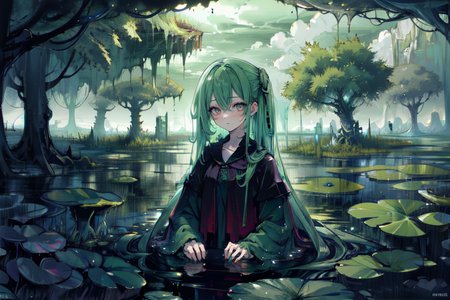 highly insanely detailed, masterpiece, top quality, best quality, highres, 4k, 8k, RAW photo, (very aesthetic, beautiful and aesthetic),  
(code_style,codestyle), 
<lora:CodeStyle (half generic class)_564920:0.6>, 
(1girl:1.3), 1other, 
(swampy wetlands landscape ,clouds) , deep underground, very dark, cavern,a colorful background,(solid color background,dripping colors background),âââ