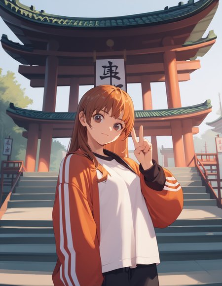 score_9,  score_8_up, score_7_up, source_anime
<lora:kasumi-v1-ponyxl-000015:1> kasfg, brown eyes, brown hair, orange hair, streetwear,
1girl, solo, v, east asian architecture