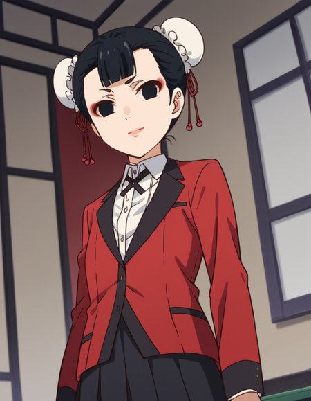 score_9, score_8_up, score_7_up, source_anime, <lora:miri-youbami-s2-ponyxl-lora-nochekaiser:1>, miri youbami, short hair, bangs, black hair, hair bun, black eyes, double bun, makeup, empty eyes, bun cover,, skirt, shirt, school uniform, jacket, white shirt, pleated skirt, collared shirt, black skirt, blazer, red jacket,, indoors, smile, looking at viewer, solo,, cowboy shot, dutch angle