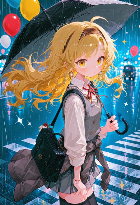1girl,melania \(reverse:1999\),ms. acey,reverse:1999,ahoge,bag,balloon,black bag,black thighhighs,blonde hair,blue background,blurry,blurry background,closed mouth,collared shirt,cowboy shot,crosswalk,grey jacket,grey skirt,grey vest,hairband,hand on own thigh,jacket,jewelry,long hair,looking at viewer,miniskirt,neck ribbon,pendant,pleated skirt,rain,red hairband,red ribbon,ribbon,school uniform,shirt,shoulder bag,skirt,solo,thighhighs,vest,white shirt,yellow eyes,zettai ryouiki,sparkle,umbrella,night,long sleeves,from side,holding,holding umbrella,holding strap,brown hairband,white sweater,looking to the side,jacket around waist,floating hair,pearl necklace,clothes around waist,earrings,sweater, masterpiece, very aesthetic, absurdres, edanoma_meu_illu, flat color, no lineart, svevsty,<segment:yolo-AnzhcFace-seg_640_v3_y11n.pt-1,0.3,0.15//cid=11>,<segment:yolo-hand_yolov9c.pt,0.25,0.25//cid=12>