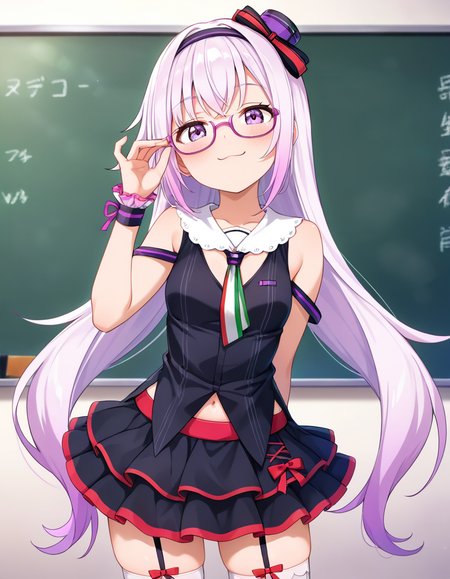 masterpiece, best quality, very aesthetic, absurdres, 1girl, carropino, pino1st, long hair, light purple hair, hairband, mini hat, light purple eyes, glasses,  multicolored necktie, sleeveless, frilled skirt, white thighhighs, garter straps,cowboy shot, smug, adjusting eyewear, chalkboard, (upper body), <lora:ILcarropino_v1.1:0.7>