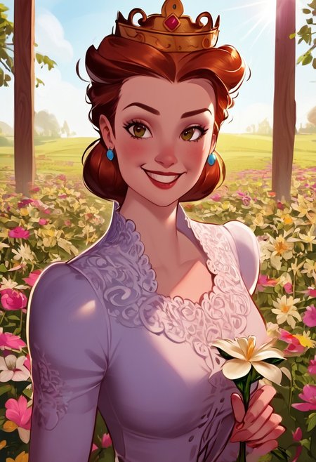 absurdres,  highres,  ultra detailed,  (1girl:1.3), smile , sunlight , lens flare reflection,lomography,  analog photography,  vibrant colors,  soft focus,  light leaks,  dreamy atmosphere,  experimental charm,  nostalgic appeal, looking into the viewer, tulips flower farm in bg, holding 1 tulip flower in right hand, perfect fingers,Queen Lillian,philtomato art