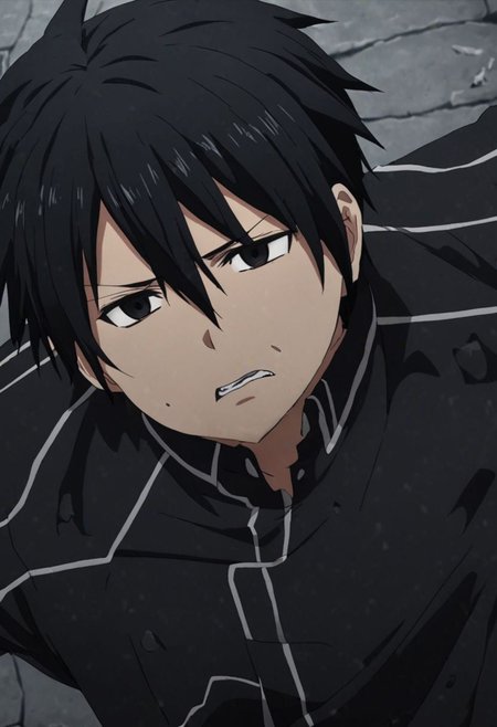 high resolution, solo, best quality, 1Boy, Kazuto Kirigaya, Black Hair, Black Eyes, fell down, revenged, dying, OverallDetail