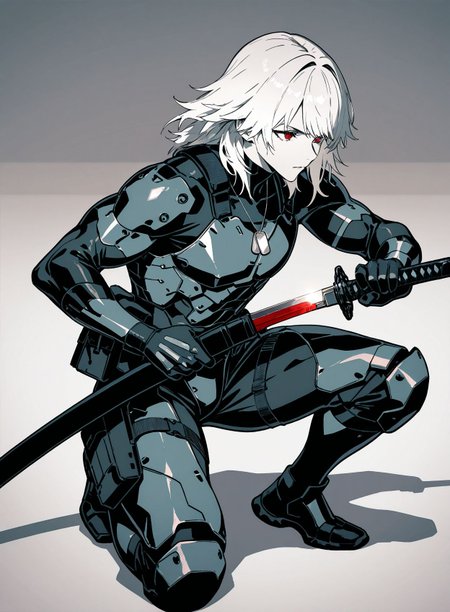masterpiece,best quality,amazing quality,very aesthetic,absurdres,newest, huge filesize,
<lora:spo_sdxl_10ep_4k-data_lora_webui:0.5>,
<lora:add-detail-xl:1>
 iaidow,weapon, katana, holding sword, ready to draw, sheathed, unsheathing, scabbard, fighting stance, battoujutsu stance ,<lora:iaido_Illust_v1:0.8>
Kneel down on one knee,
1boy, short hair, muscular male,  holding sword,   red eyes, full body,Bio-Ninja, white hair, medium hair, 
raiden \(metal gear\), 
Machine armor,dog tags, 
simple pencil sketch, spot color, <lora:Yoji:0.8> yoji_shinkawa,
