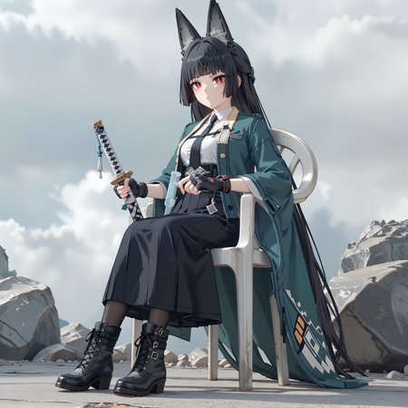 score_7_up, score_6_up, score_5_up, source_anime,
<lora:miyabi.pony:1>, zzzmiyabi, black hair, red eyes,
white shirt, black tie, green cloak, black skirt, long skirt,
black pantyhose, heel boots, black footwear, fingerless gloves,
<lora:PlasticChair_XLPonyD:0.8>, plastic chair, sitting, white chair,
leaning, holding katana,
outdoors, sky, cloudy, overcast, rock,