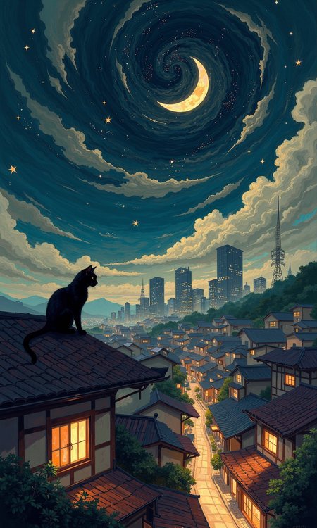 A stylized illustration of a nocturnal cityscape, likely inspired by Japanese architecture. 
The foreground features a dark, almost silhouette-like black cat perched atop a rooftop, gazing down a narrow street lined with traditional Japanese buildings. The rooftops have a dark, muted brown/gray tone, and the buildings are characterized by their distinct, gabled roofs and light-colored windows, some glowing with an amber or orange light, which suggests an evening or night-time ambiance. 
The mid-ground showcases more buildings, roads, and a part of the city's skyline. A few taller modern skyscrapers are subtly incorporated, creating a contrast between the traditional architecture and the modern influence.
The background is a swirling night sky with a crescent moon that is an ochre or golden yellow color, contrasted with dark, swirling clouds and numerous stars, all painted in a style that evokes a sense of movement and mood. The sky's colors are deep blues, dark grays, and muted purples, with visible texture. 
The overall style of the illustration is painterly and expressive, with a touch of whimsy due to the prominent silhouette of the seated cat and the slightly exaggerated swirling clouds in the background. The combination of colors and perspective creates a peaceful and mysterious mood.
<lora:FLUX-daubrez-DB4RZ-v2:1> DB4RZ, DB4RZ style painting