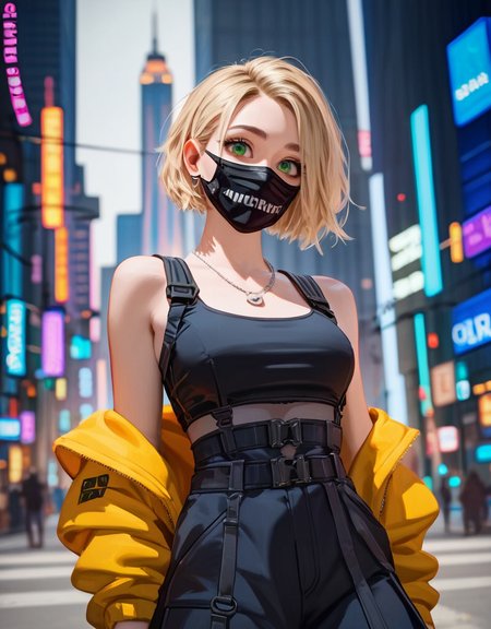 zPDXL2, <lora:TechwearV2:1>, t3chwear, 
1girl, cute face, detailed eyes, short blonde hair, green eyes, black face mask, closeup, city in the background