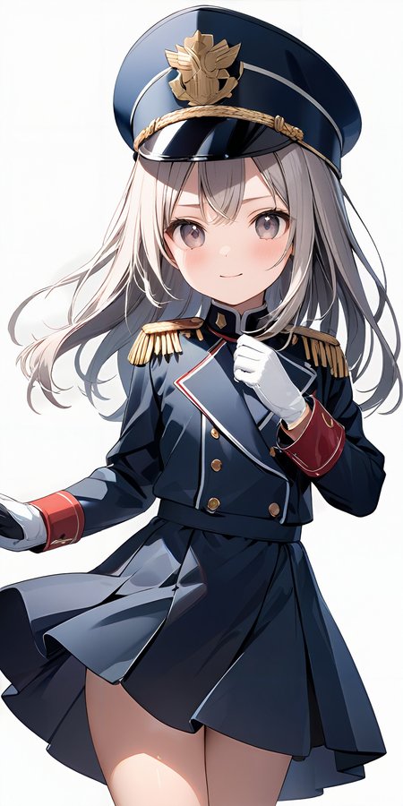 masterpiece,ultra-detailed,best quality,8K,illustration,cute face,clean skin ,shiny hair,girl,simple background
 <lora:add-detail-xl:1>  <lora:marching uniform_XL_V1.0:0.5> jyojifuku, marching, hat, boots, uniform, gloves, epaulettes