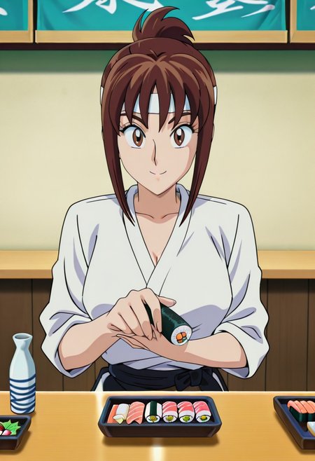 masterpiece, anime screencap, anime coloring, official style,
1girl, solo,
(kochikame,Matoi Giboshi,brown hair, brown eyes, ponytail, white headband,white Kappogi),smile,
looking at viewer,
standing, SUSHI, sake:1.2, table,across table, japanese restaurant,
sushi bar,holding sushi next to his body,