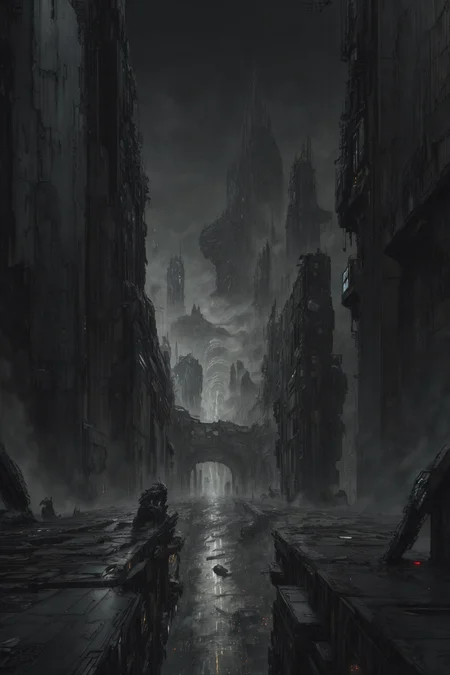 (masterpiece), futuristic cityscape, street view, (decrepit scenery), megastructures, intricate detail, (art by [Bastien Lecouffe-Deharme|Caspar David Friedrich ]:1.2), (unreal engine render, photorealistic painting, photorealistic:1.2), (mysterious)
