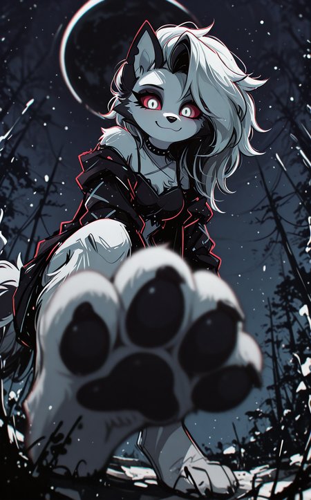 [sketch:no_lineart], solo, (blurry, depth_of_field:1.4), [abstract:0.50], loona_\(helluva_boss\), red sclera, (dynamic comparison:1.3), masterpiece, best quality, very aesthetic, looking_at_viewer, humanization, white fur, open_clothes, colored, breasts, light_smile, paws, barefoot, , ground level shot,Low-Angle Perspective, [minimalism:0.90], outline, [white eye::0.5], foot shot, BREAK (depth_of_field:1.3), photorealistic background,Ð· outdoors, nature, blurry, dark moon,[ reflection:0.8]